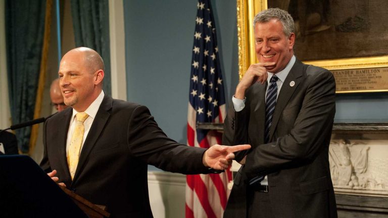 Teachers union president Michael Mulgrew speaks as Mayor Bill de Blasio announces that the city and the United Federation of Teachers have reached a preliminary agreement on a new contract at a press conference at City Hall on Thursday, May 1, 2014.