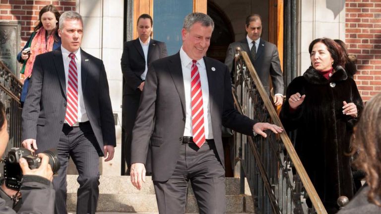 Mayor Bill de Blasio holds presser at the Staten Island Borough Hall at 10 Richmond Terrace on Monday Feb. 24, 2014. The mayor earlier met with Staten Island Borough President James Oddo to discuss Sandy recovery efforts.