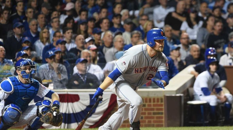 NLCS Game 3: Mets vs. Cubs 49 New York Mets first baseman Lucas Duda hits a fifth-inning single during Game 3 of the NLCS against the Chicago Cubs at Wrigley Field on Tuesday, Oct. 20, 2015.