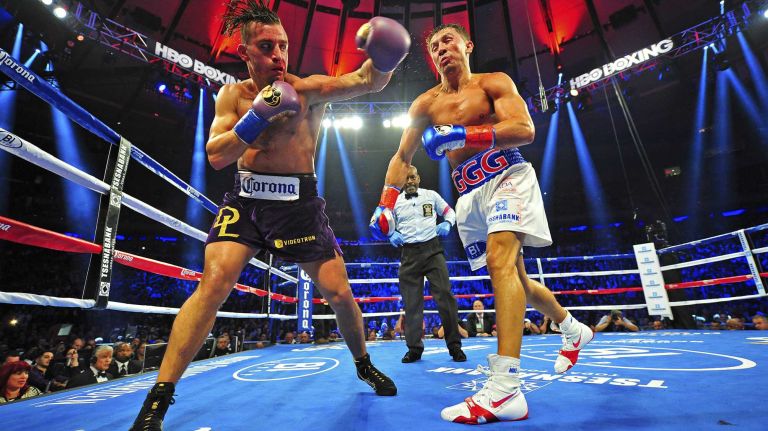 Middleweight Gennady Golovkin is punched by David Lemieux during World Championship Boxing at Madison Square Garden in New York, New York on Sunday, Oct 18, 2015.