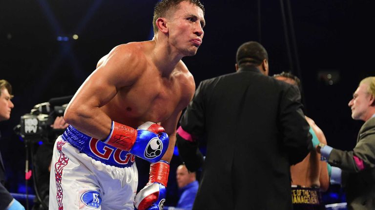 Middleweight Gennady Golovkin reacts after defeating David Lemieux during World Championship Boxing at Madison Square Garden in New York, New York on Sunday, Oct 18, 2015.