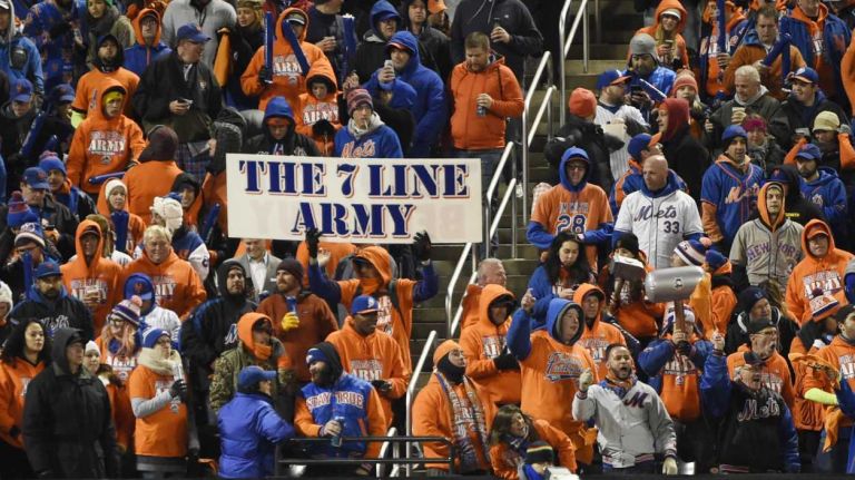 The 7 Line Army appears in the centerfield stands during Game 2 of the NLCS against the Chicago Cubs at Citi Field on Sunday, Oct. 18, 2015.