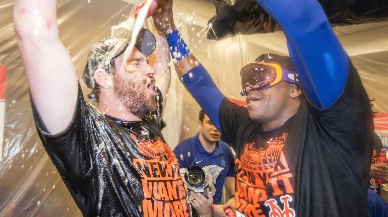 The New York Mets celebrate their National League Division Series victory over the Los Angeles Dodgers at Dodger Stadium in Los Angeles on Oct. 15, 2015.