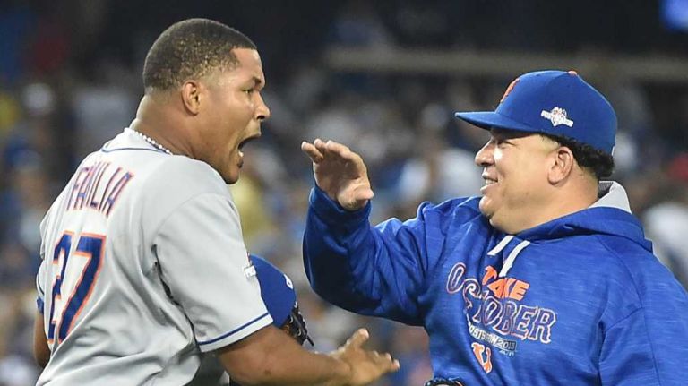 The New York Mets celebrate their National League Division Series victory over the Los Angeles Dodgers at Dodger Stadium in Los Angeles on Oct. 15, 2015.