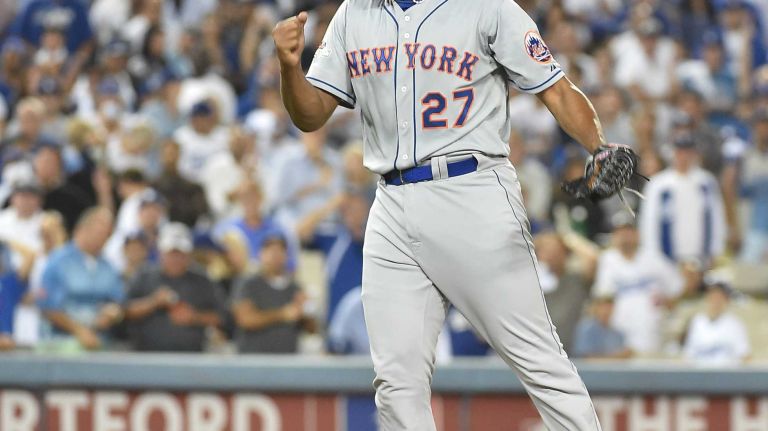 The New York Mets celebrate their National League Division Series victory over the Los Angeles Dodgers at Dodger Stadium in Los Angeles on Oct. 15, 2015.