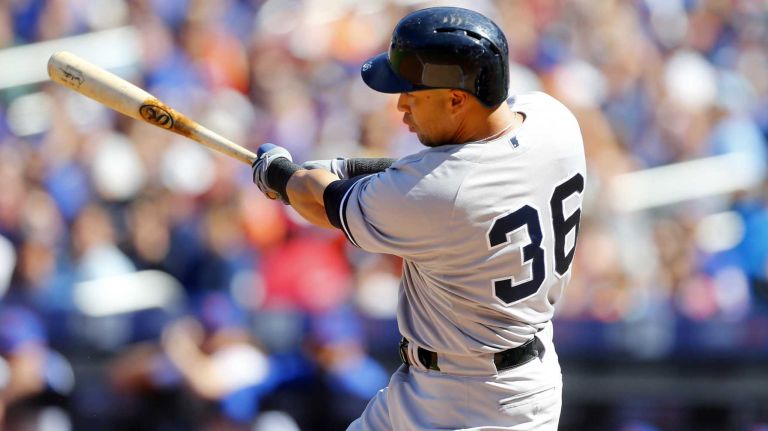 Subway Series: Yankees vs. Mets 68 Carlos Beltran #36 of the New York Yankees follows through on a first inning three run home run against the New York Mets at Citi Field on Saturday, Sept. 19, 2015.