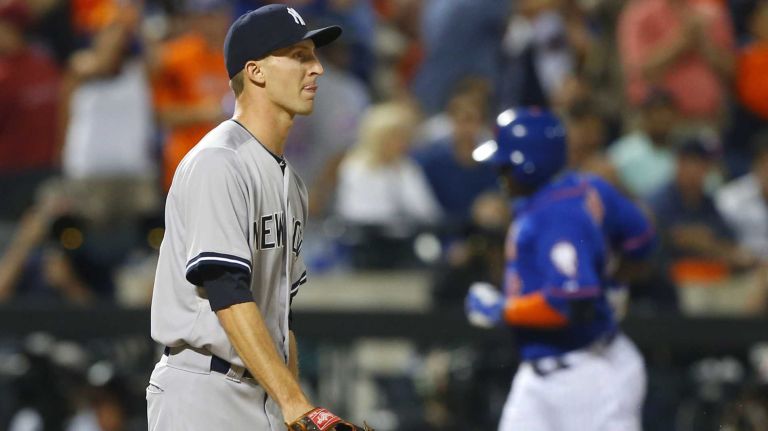Subway Series: Yankees vs. Mets 72 Chasen Shreve of the New York Yankees looks on after surrendering a seventh-inning, two-run home run against Juan Uribe of the New York Mets at Citi Field on Friday, Sept. 18, 2015.