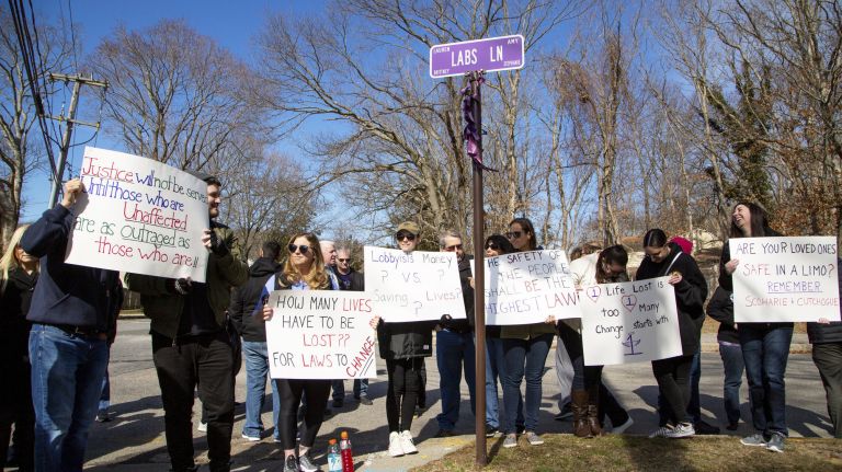 The families of the four victims killed in the 2015 Cutchogue limo crash and their supporters gather in Smithtown on March 24 to lobby for increased limo safety regulations.