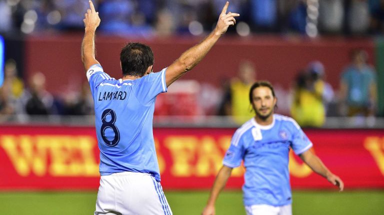 New York City FC midfielder Frank Lampard celebrates after scoring a first-half goal in an MLS game against Toronto FC at Yankee Stadium on Wednesday, Sept. 16, 2015.