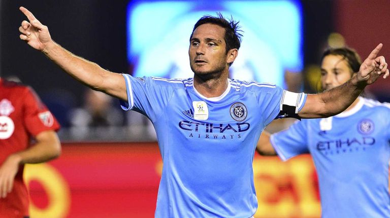 New York City FC midfielder Frank Lampard celebrates after scoring a first-half goal in an MLS game against Toronto FC at Yankee Stadium on Wednesday, Sept. 16, 2015.