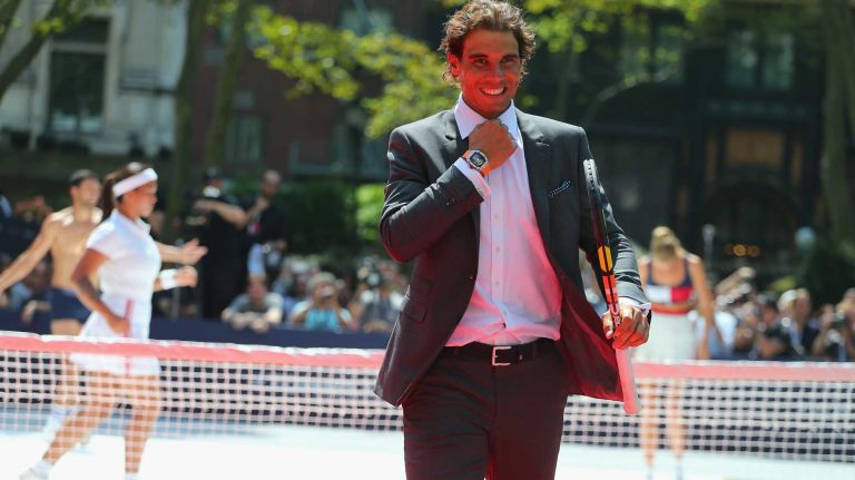 NEW YORK, NY - AUGUST 25: Rafael Nadal plays tennis at the Tommy Hilfiger and Rafael Nadal Global Brand Ambassadorship Launch at Bryant Park on August 25, 2015 in New York City. (Photo by Mike Stobe/Getty Images for Tommy Hilfiger)