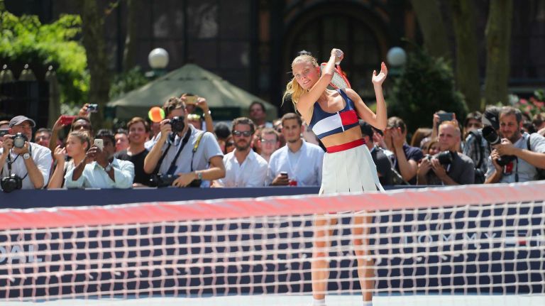 NEW YORK, NY - AUGUST 25: Constance Jablonski plays tennis at the Tommy Hilfiger and Rafael Nadal Global Brand Ambassadorship Launch at Bryant Park on August 25, 2015 in New York City. (Photo by Mike Stobe/Getty Images for Tommy Hilfiger)