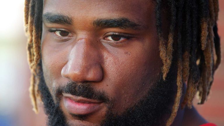 Giants defensive end Robert Ayers Jr. speaks to the media during training camp at the Quest Diagnostics Training Center in East Rutherford, N.J., on Friday, July 31, 2015.