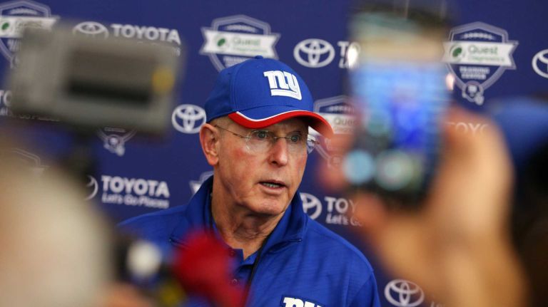 New York Giants head coach Tom Coughlin speaks to the media after team conditioning drills at the Quest Diagnostics Training Center in East Rutherford, N.J., on Thursday, July 30, 2015.