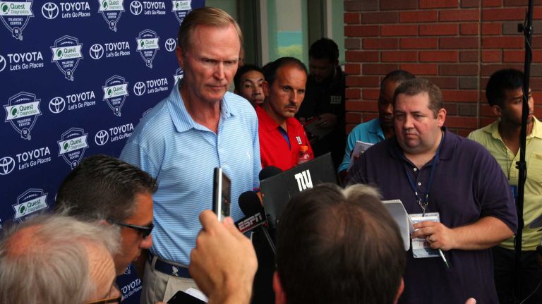 New York Giants co-owner John Mara speaks to the media at the Quest Diagnostics Training Center in East Rutherford, N.J., on Thursday, July 30, 2015.
