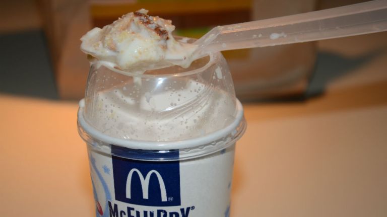 A typical McDonald's McFlurry consists of some type of candy or cookie, usually M&M's or Oreos, swirled into reduced-fat vanilla ice cream. But HacktheMenu.com's 