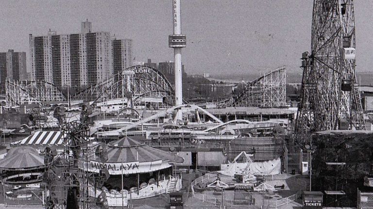 Overview of several amusement parks in the Coney Island area on June 7, 1987.