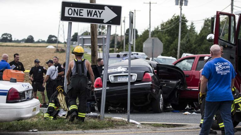 The scene on Route 48 and Depot Lane in Cutchogue, where a first responder said there were reports that a crash between a limousine and a pickup truck resulted in multiple fatalities on July 18, 2015.