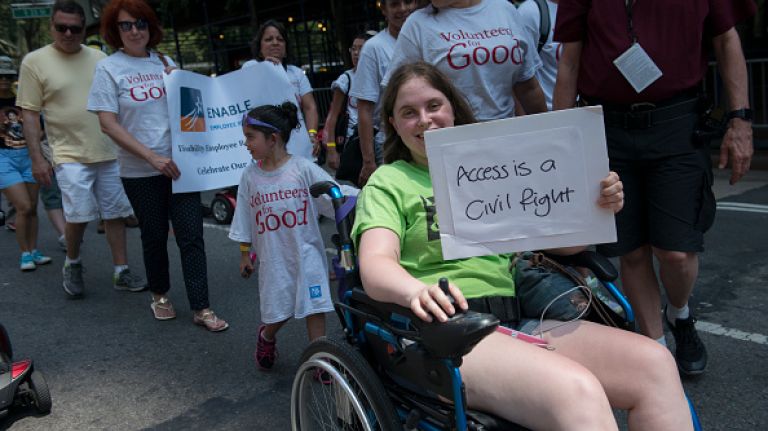Scenes from the first annual Disability Pride parade in NYC 20 People participate in the first annual Disability Pride Parade on July 12, 2015 in New York City. The parade calls attention to the rights of people with disabilities and coincides with the 25th anniversary of the Americans with Disabilities Act.