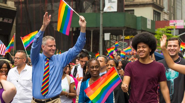 New York City mayor Bill de Blasio joins the march during the 2015 New York City Pride March on Sunday, June 28, 2015, in Manhattan.