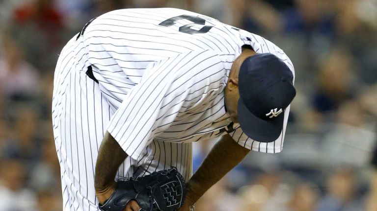 Yankees vs. Phillies 44 CC Sabathia #52 of the New York Yankees reacts after surrendering a fourth-inning three run home run against Maikel Franco #7 of the Philadelphia Phillies at Yankee Stadium on Tuesday, June 23, 2015.