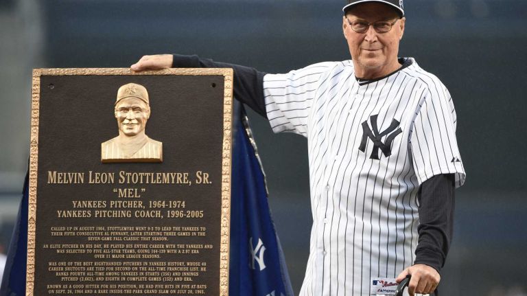 Former New York Yankees pitcher and pitching coach Mel Stottlemyre admires his Monument Park plaque during the 69th Old-Timers' Day at Yankee Stadium before a baseball game between the Yankees and the Detroit Tigers on Saturday, June 20, 2015.