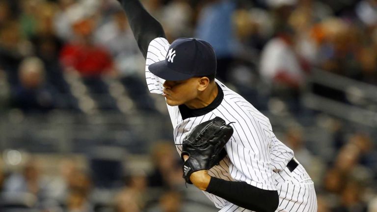 Dellin Betances #68 of the New York Yankees pitches against the New York Mets at Yankee Stadium on Sunday, Apr. 26, 2015 in the Bronx Borough of New York City.