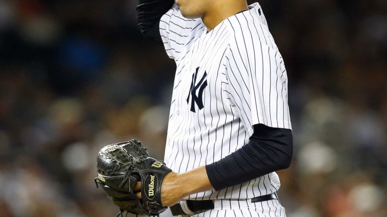 Dellin Betances #68 of the New York Yankees looks on against the Baltimore Orioles at Yankee Stadium on Friday, June 20, 2014 in the Bronx Borough of New York City.