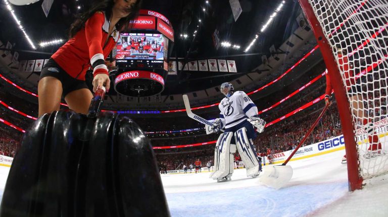 CHICAGO, IL - JUNE 10: Andrei Vasilevskiy #88 of the Tampa Bay Lightning looks on as members of the Chicago Blackhawks ice crew clear the crease during Game Four of the 2015 NHL Stanley Cup Final at the United Center on June 10, 2015 in Chicago, Illinois. (Photo by Bruce Bennett/Getty Images)