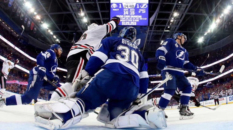 TAMPA, FL - JUNE 06: Ben Bishop #30 of the Tampa Bay Lightning reacts after giving up a second period goal to Teuvo Teravainen #86 during Game Two of the 2015 NHL Stanley Cup Final at Amalie Arena on June 6, 2015 in Tampa, Florida. (Photo by Bruce Bennett/Getty Images)