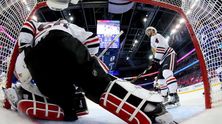 TAMPA, FL - JUNE 06: Corey Crawford #50 of the Chicago Blackhawks tends goal against the Tampa Bay Lightning during Game Two of the 2015 NHL Stanley Cup Final at Amalie Arena on June 6, 2015 in Tampa, Florida. (Photo by Bruce Bennett/Getty Images)
