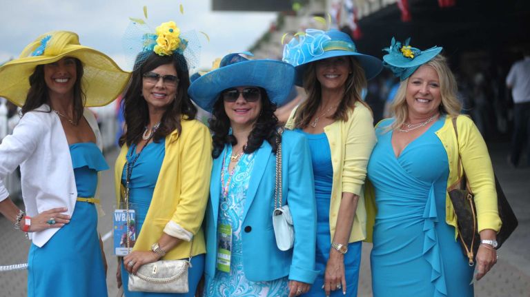 Left to right, Kelly Bobb of Lynbrook with friends Ang Vermillian, Felicia Silver, Donna Walter and Lyn Gambina at the 147th running of the Belmont Stakes at Belmont Park in Elmont on Saturday, June 6, 2015.