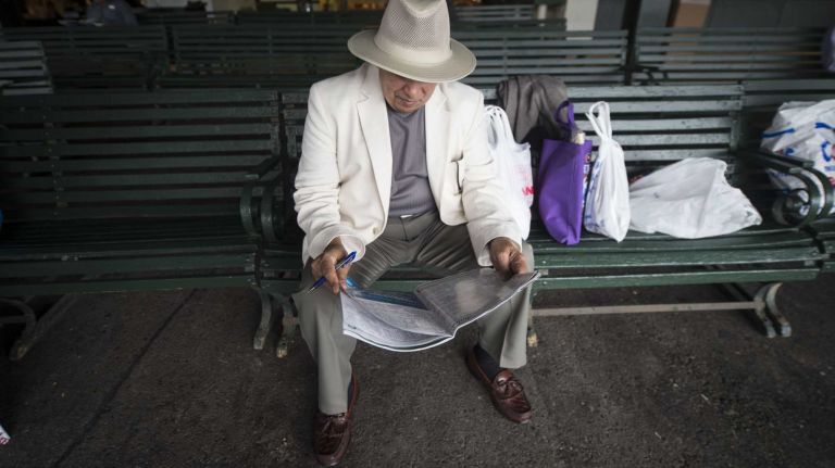 Horse racing fans at Belmont for the 147th running of the Belmont Stakes Saturday June 6, 2015.