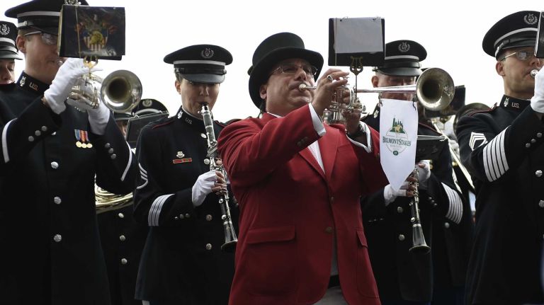 A Belmont Stakes bugler performs before the 147th running of the Belmont Stakes on Saturday, June 6, 2015 at Belmont Park in Elmont.