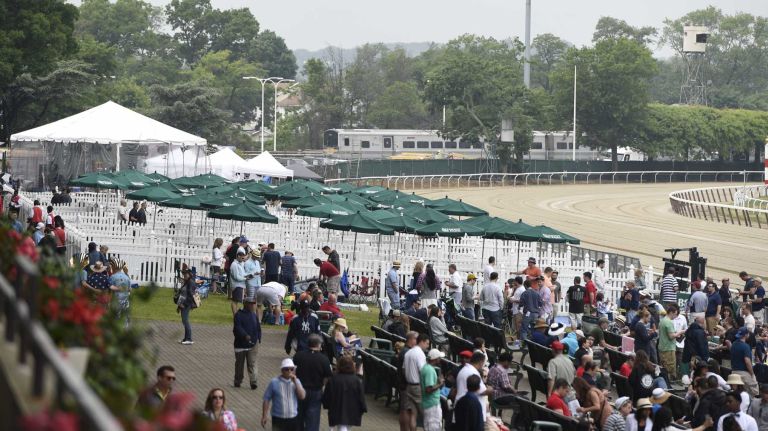 An LIRR train pulls out of the station at Belmont Park on Saturday morning before the 147th running of the Belmont Stakes on June 6, 2015, in Elmont.