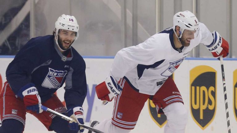 Derick Brassard and Dan Girardi of the Rangers skate during practice on Thursday, May 28, 2015 at the MSG Training Center in Greenburgh, N.Y.