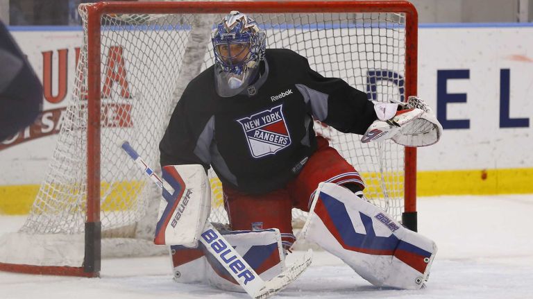 Henrik Lundqvist of the Rangers defends the net on Thursday, May 28, 2015 at the MSG Training Center in Greenburgh, N.Y.