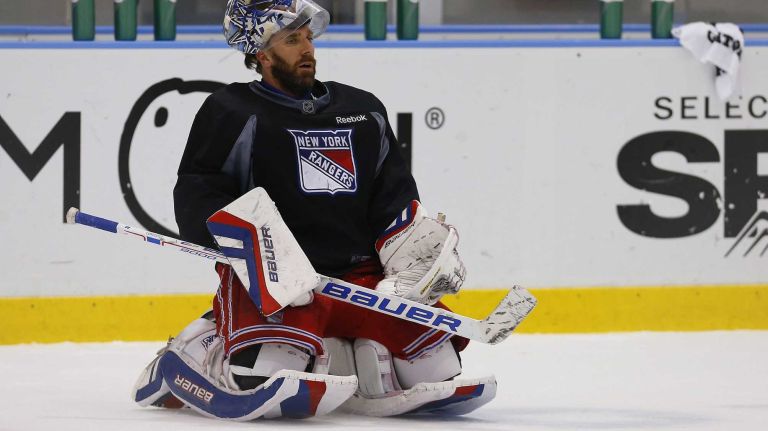 Henrik Lundqvist of the Rangers looks on during practice on Thursday, May 28, 2015 at the MSG Training Center in Greenburgh, N.Y.