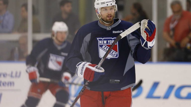 Rick Nash of the Rangers holds his stick during practice on Thursday, May 28, 2015 at the MSG Training Center in Greenburgh, N.Y.
