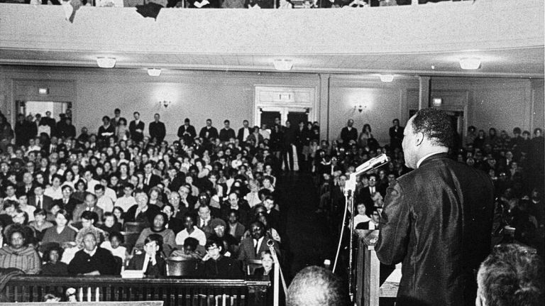 The Rev. Martin Luther King Jr. talks to a packed school auditorium at South Side High School in Rockville Centre on March 26, 1968, when he toured Long Island. 