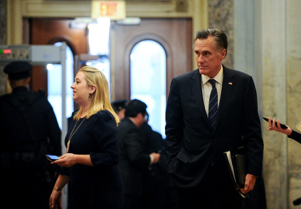 Sen. Mitt Romney (R-UT) arrives at the U.S. Capitol before the start of the day’s Senate impeachment trial of President Donald Trump in Washington