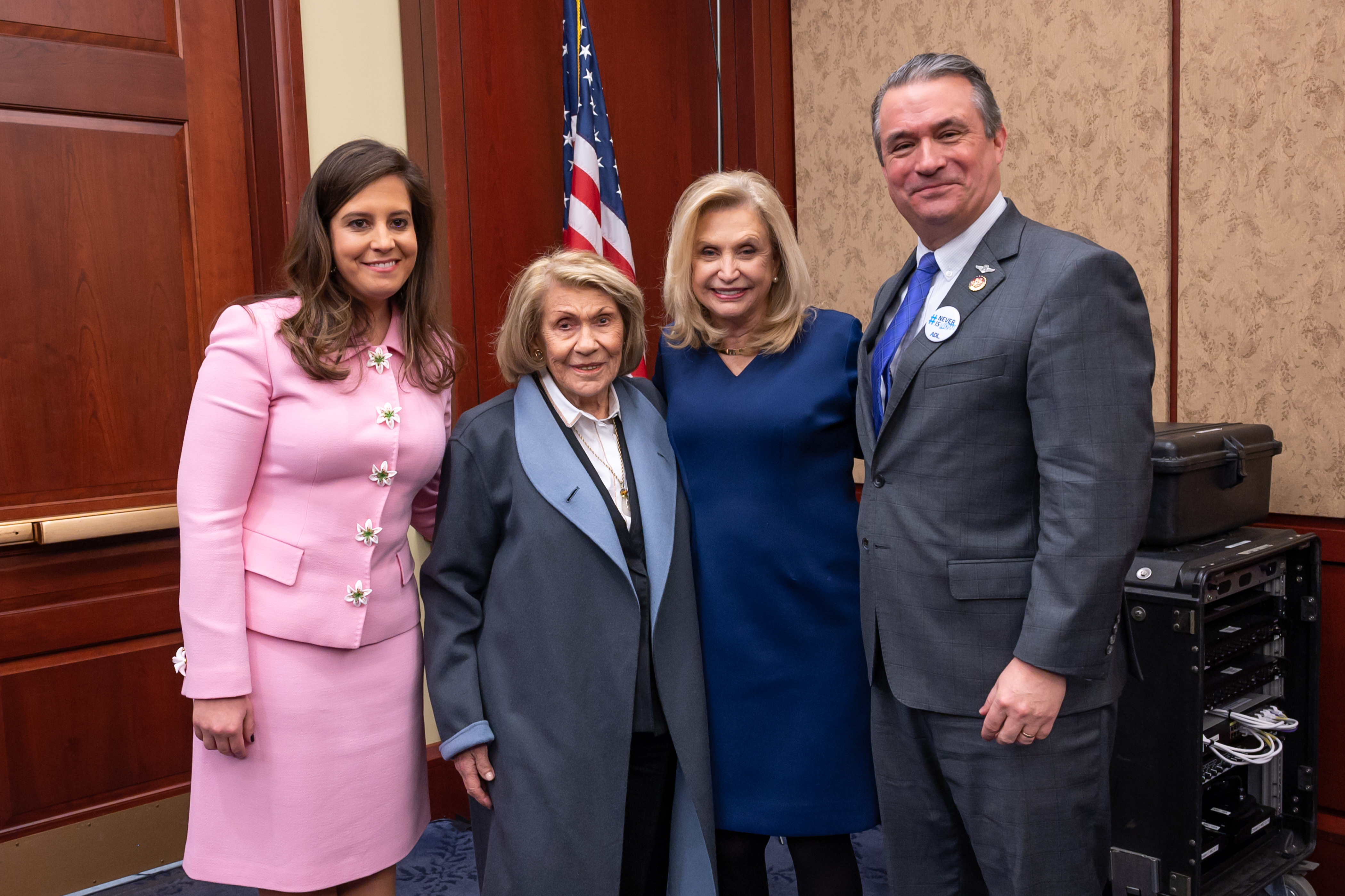 Rep. Elise Stefanik, Holocaust survivor Esther Peterseil, Rep. Carolyn B. Maloney, Rep. Don Bacon before the House vote Photo by Official House of Representatives Photographer Phi Nguyen