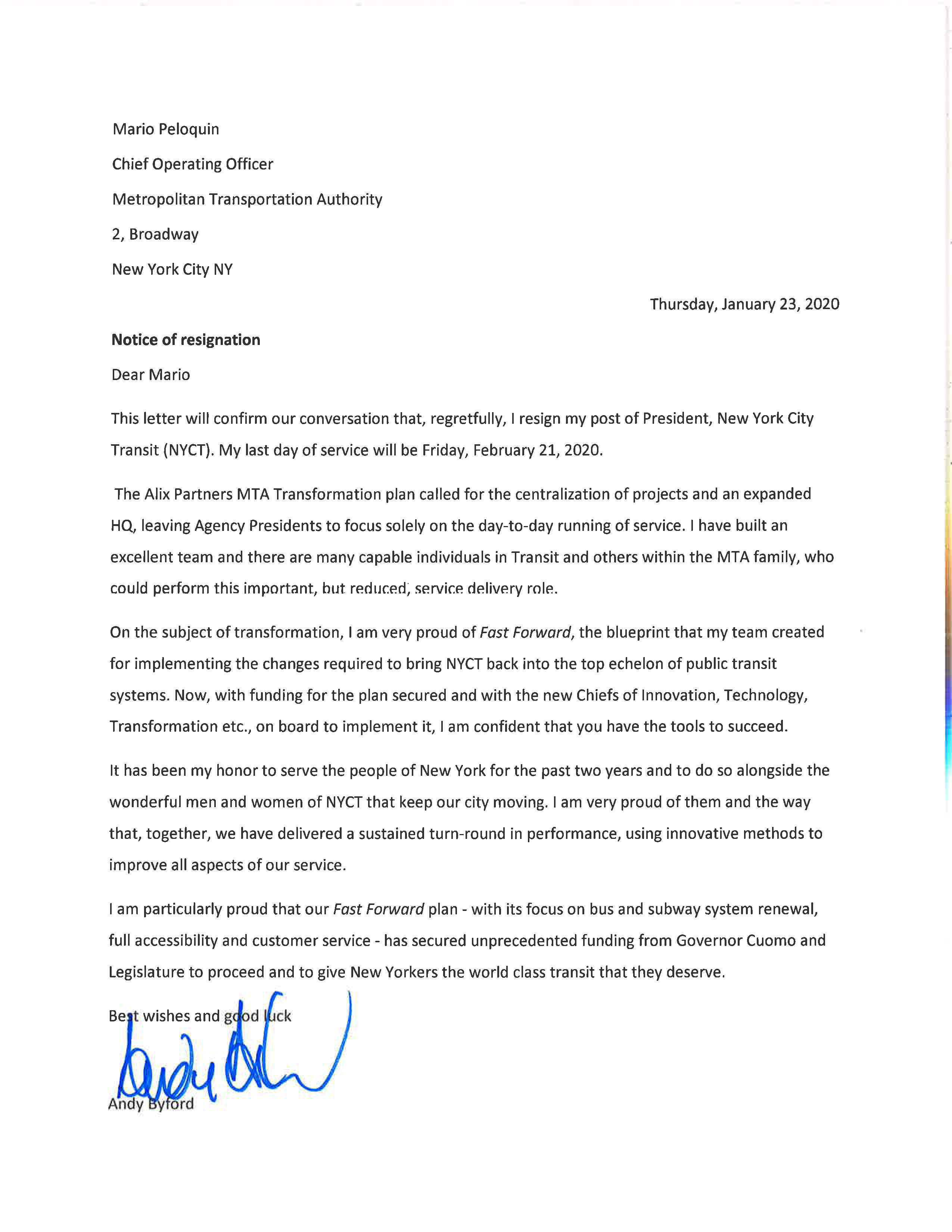 New York City Transit boss Andy Byford quits, hints MTA reorganization led to decision 2