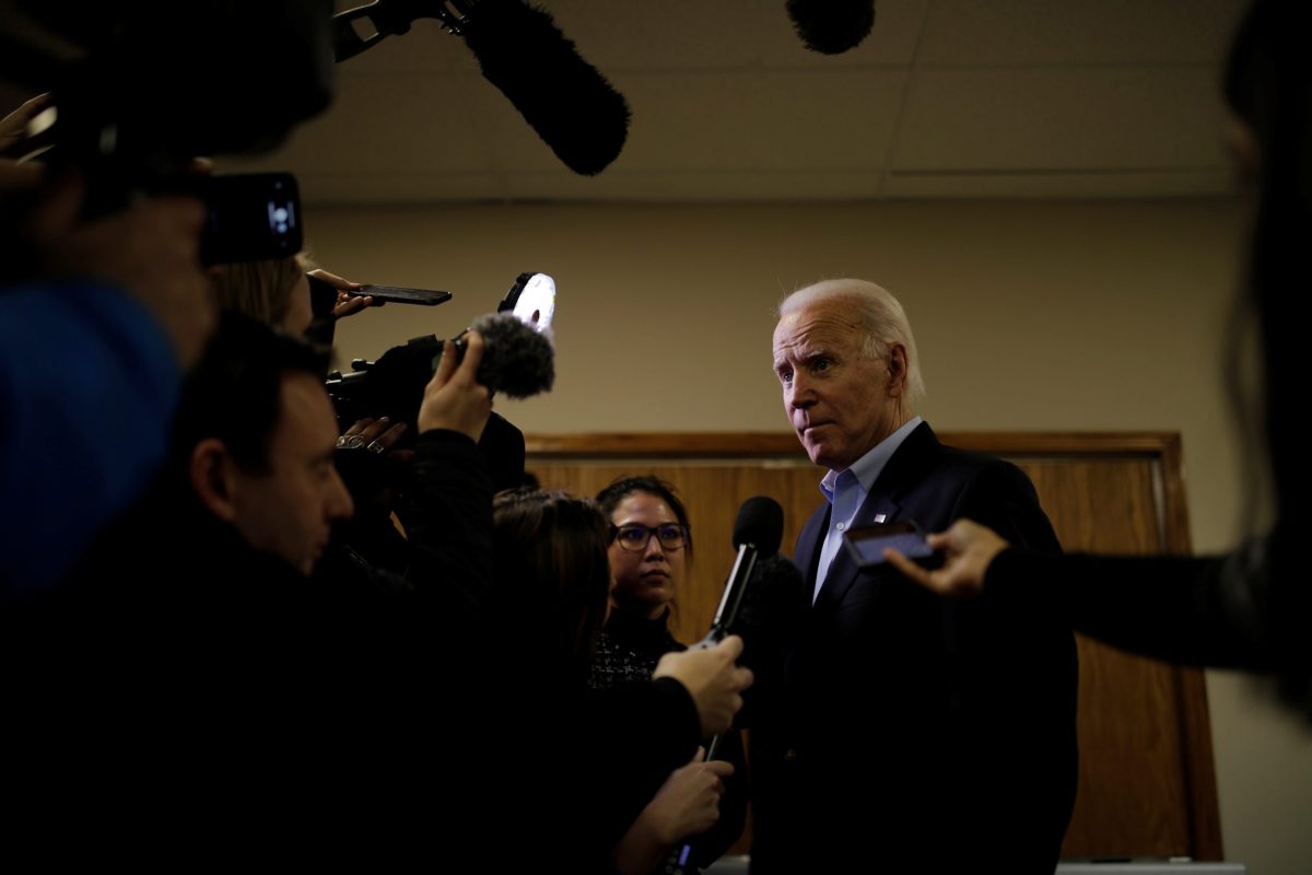 Democratic 2020 U.S. presidential candidate and former Vice President Joe Biden talks to journalists during a campaign event in Mt Pleasant, Iowa, U.S.
