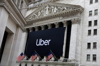A banner announcing Uber Technologies Inc., during the company’s IPO at the NYSE in New York