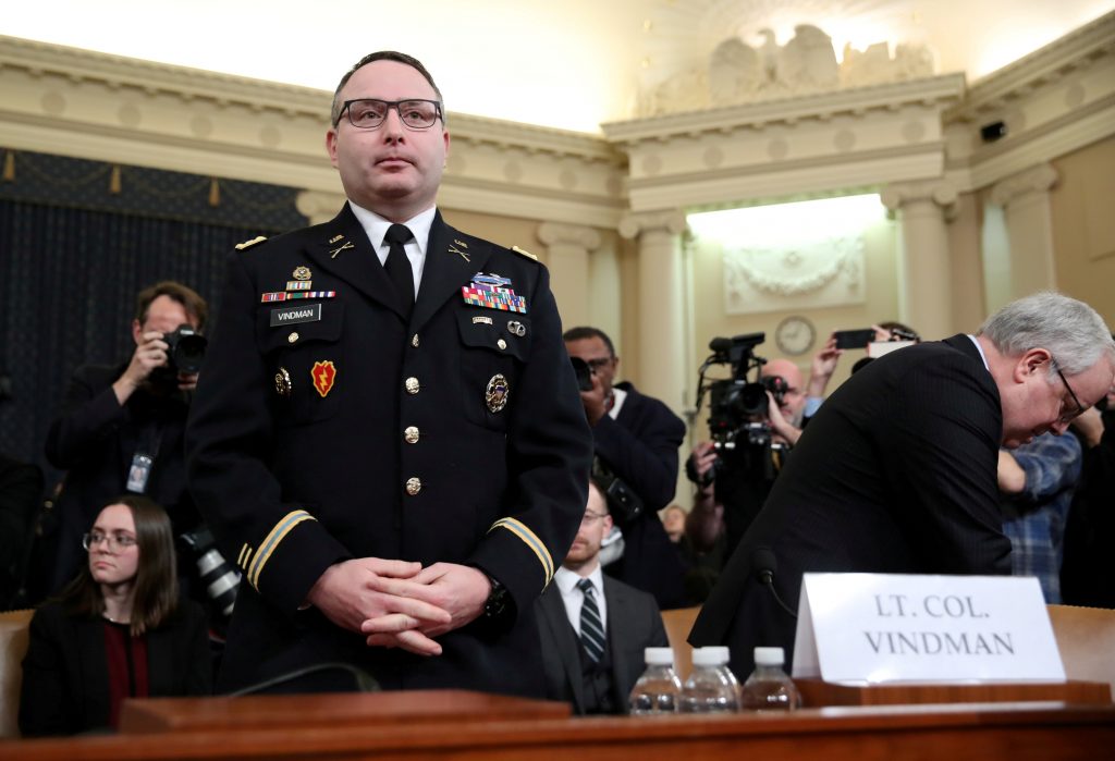 FILE PHOTO: Lt Colonel Vindman testifies at House Intelligence Committee hearing on Trump impeachment inquiry on Capitol Hill in Washington