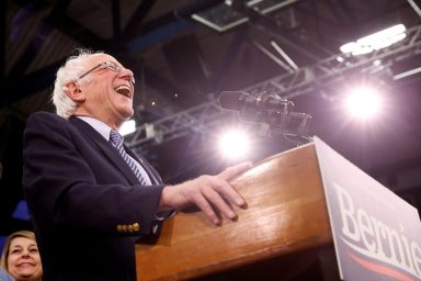 Democratic U.S. presidential candidate Senator Bernie Sanders speaks at his New Hampshire primary night rally in Manchester, N.H., U.S.