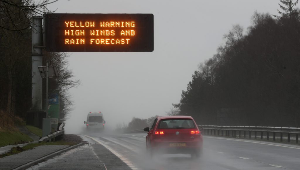 A traffic warning sign is seen on the A9 near Dunblane, Scotland