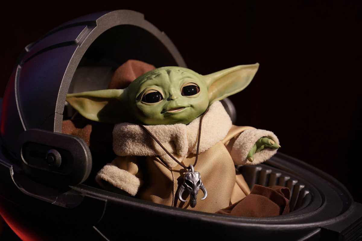 An animatronic Baby Yoda toy is pictured  during a “Star Wars” advance product showcase in the Manhattan borough of New York City