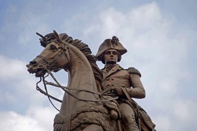 FILE PHOTO: A statue of George Washington on a horse is pictured outside the Virginia State Capitol building during a session of the General Assembly in Richmond